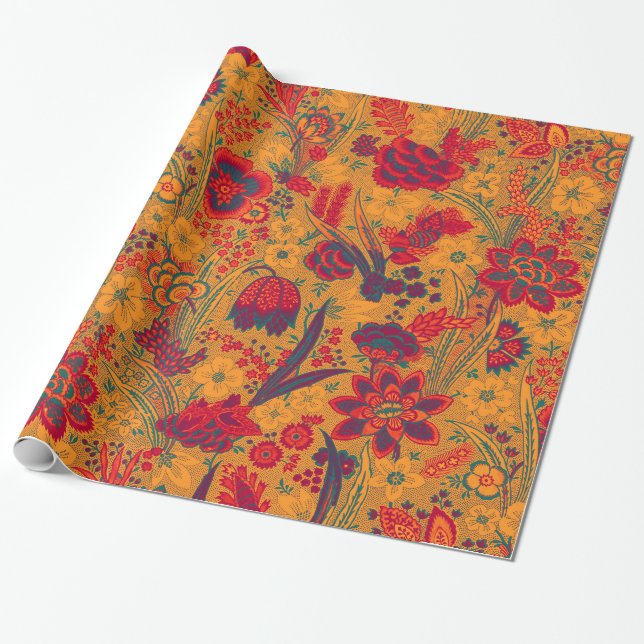 YELLOW RED BLUE WILD FLOWERS TULIPS,LEAVES FLORAL WRAPPING PAPER (Unrolled)