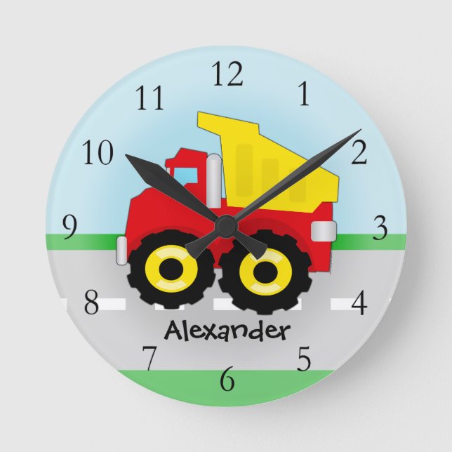 Yellow/Red Boys Dumptruck Construction Round Clock (Front)