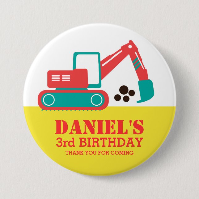 Yellow Red Cartoon Excavator Kids Birthday Button (Front)