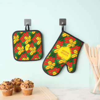 Yellow Red Flower Pattern with Green Background Oven Mitt & Pot Holder Set