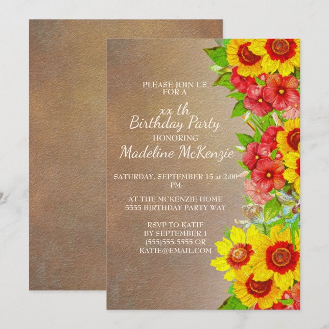 Yellow Red Flowers Brown Birthday Party Invitation (Front/Back)