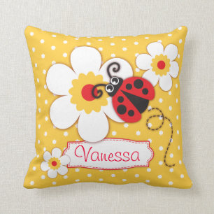 Yellow & red girls ladybug name polka dot pillow