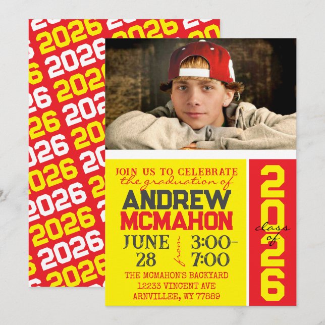 Yellow & Red Graduation Photo Invitation (Front/Back)