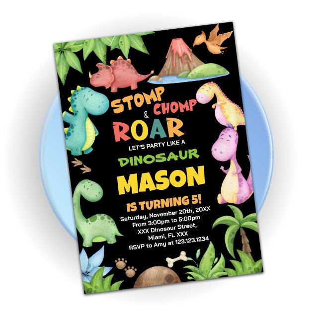 Yellow Red Green Dinosaur Birthday Invitations (Creator Uploaded)