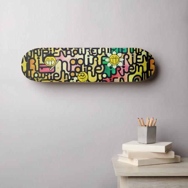 Yellow Red Green Fun Emoji Sarcastic Painting Skateboard (Wall Art (Horz))