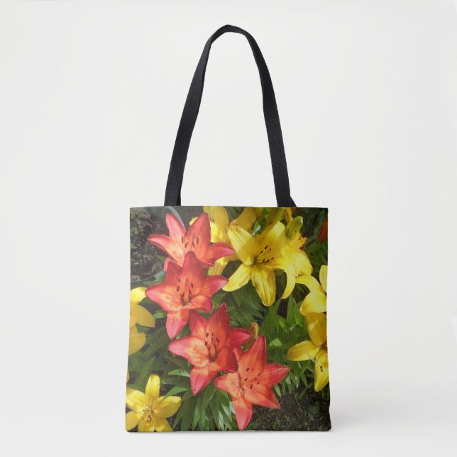 Yellow Red Green Lily Flower Designed Tote Bag (Front)