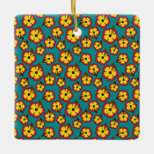 Yellow Red Hibiscus Tropical Flowers Pattern Ceramic Ornament