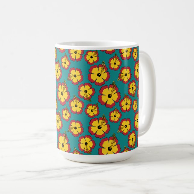  Yellow Red Hibiscus Tropical Flowers Pattern Coffee Mug (Front Right)