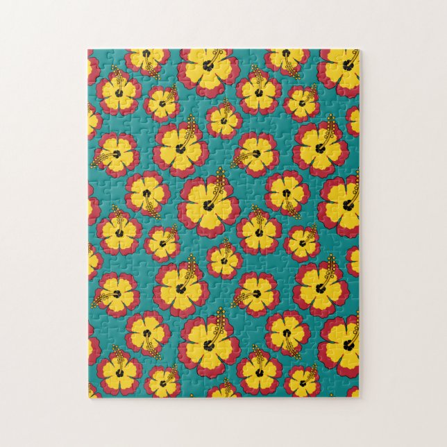 Yellow Red Hibiscus Tropical Flowers Pattern Jigsaw Puzzle (Vertical)