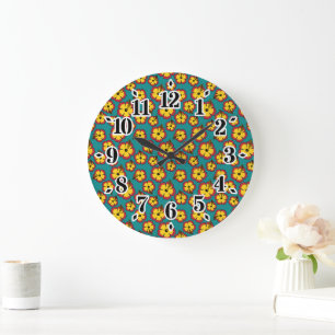 Yellow Red Hibiscus Tropical Flowers Pattern Large Clock