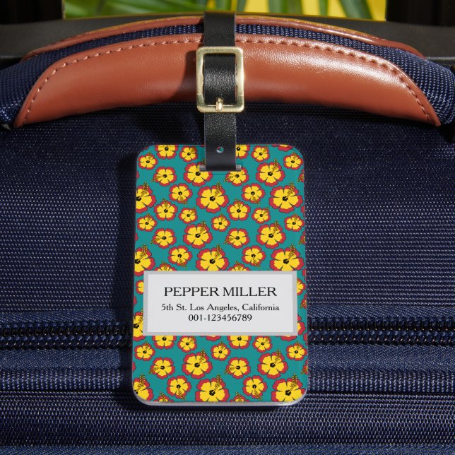 Yellow Red Hibiscus Tropical Flowers Pattern Luggage Tag (Front Insitu 2)