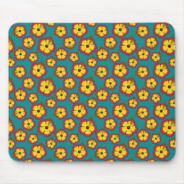 Yellow Red Hibiscus Tropical Flowers Pattern Mouse Mat (Front)
