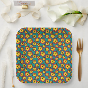 Yellow Red Hibiscus Tropical Flowers Pattern Paper Plate