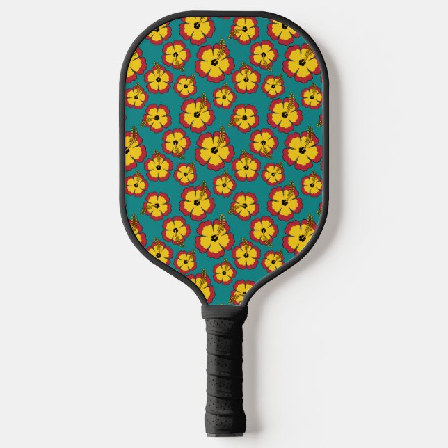 Yellow Red Hibiscus Tropical Flowers Pattern Pickleball Paddle (Front)