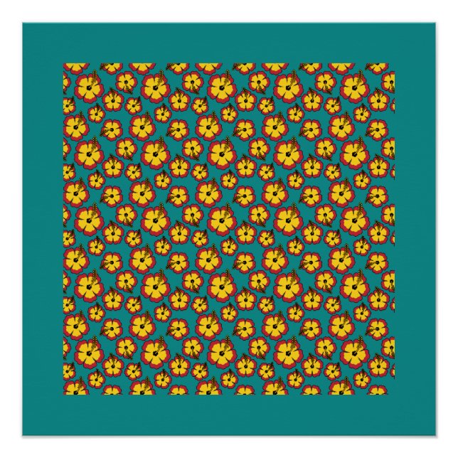 Yellow Red Hibiscus Tropical Flowers Pattern Poster (Front)