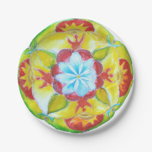 Yellow  Red Mandala Watercolor  Paper Plates 7 in