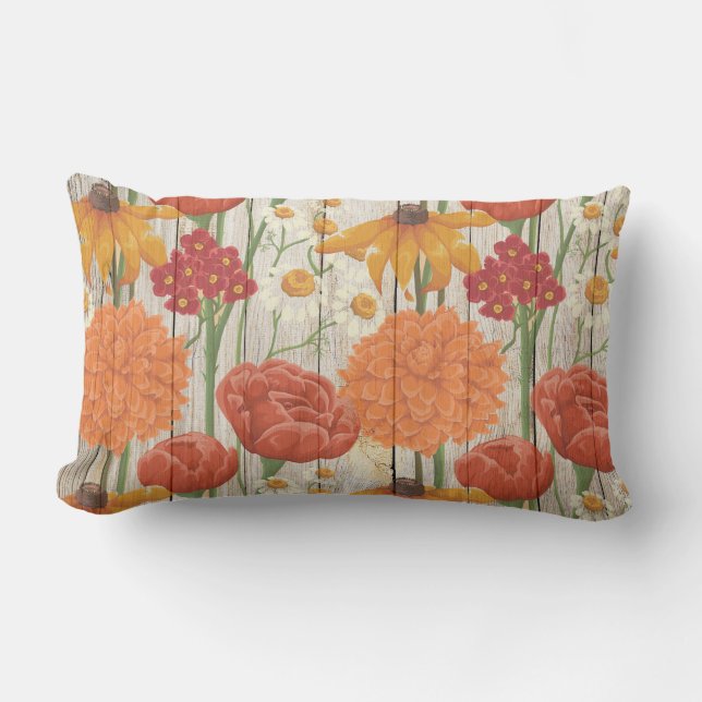 Yellow Red Orange White Floral on Rustic Wood Lumbar Cushion (Front)
