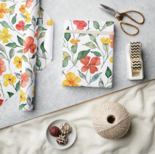 Yellow Red Peach Flowers Birthday Wrapping Paper