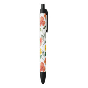 Yellow Red Peach Flowers Black Ink Pen