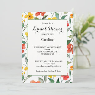 Yellow Red Peach Flowers Bridal Shower  Invitation