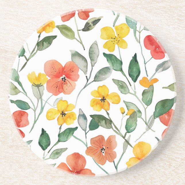 Yellow Red Peach Flowers Coaster (Front)