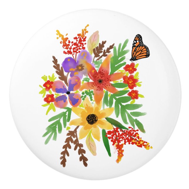 Yellow Red Purple Watercolor Flowers Butterfly Ceramic Knob (Front)