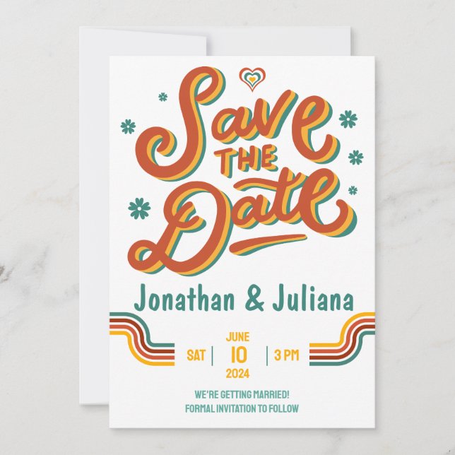 Yellow Red Retro 70s Save the Date Wedding Invite (Front)