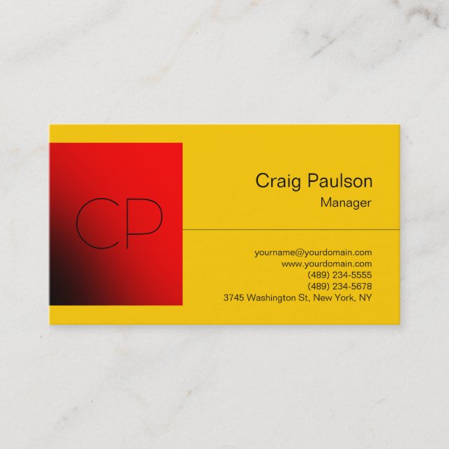 Yellow Red Square Chic Monogram Business Card (Front)
