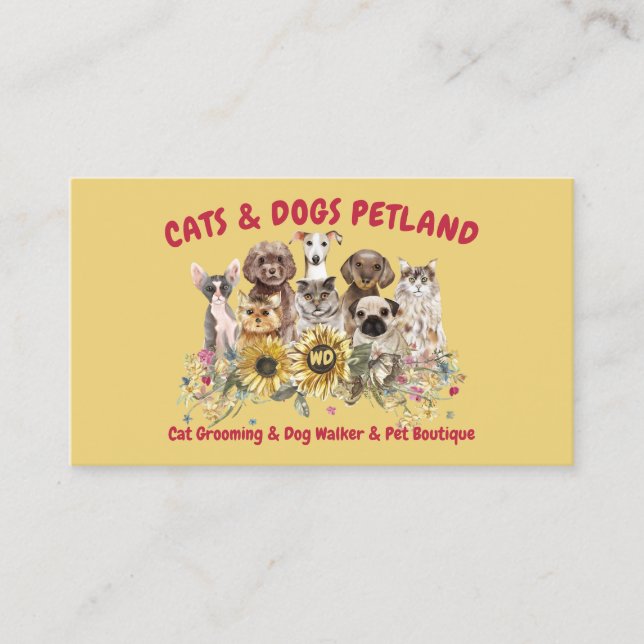 Yellow Red Sunflower Dog Cat Groomer Pet Business Card (Front)