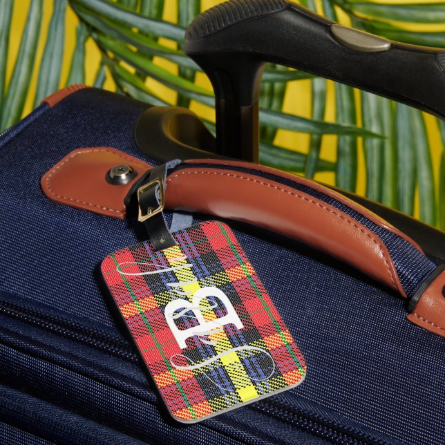 Yellow & Red Tartan Chequered Monogram Name Luggage Tag (Front Insitu 1)