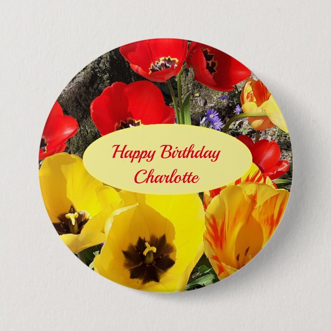 Yellow & Red Tulips Birthday  7.5 Cm Round Badge (Front)
