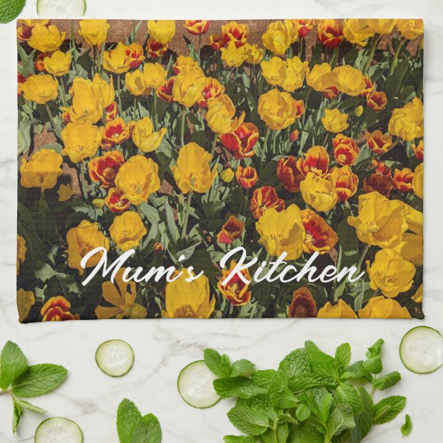 Yellow Red Tulips Mum's Kitchen Tea Towel (Folded)
