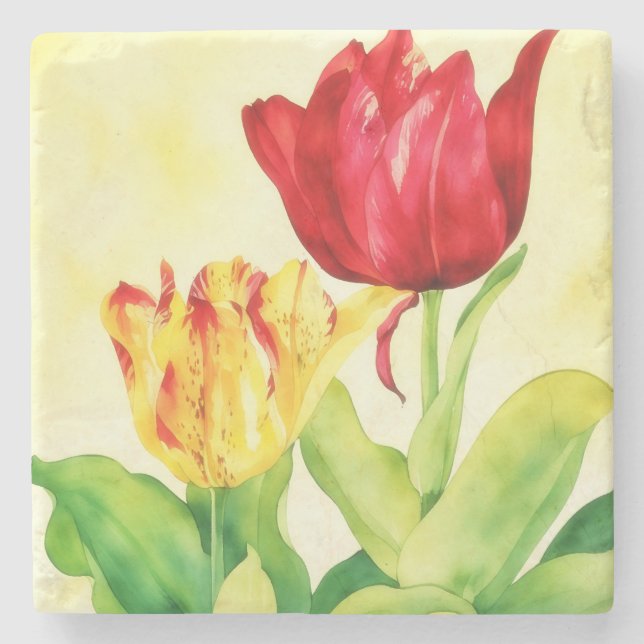 Yellow Red Vintage Style Tulip Flower Art Coaster (Front)
