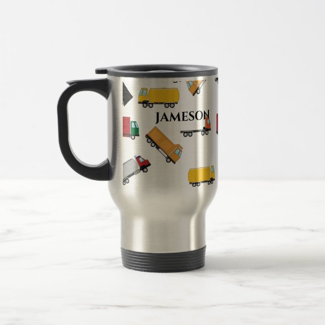 Yellow Red Watercolor Name Transportation Truck Travel Mug (Left)