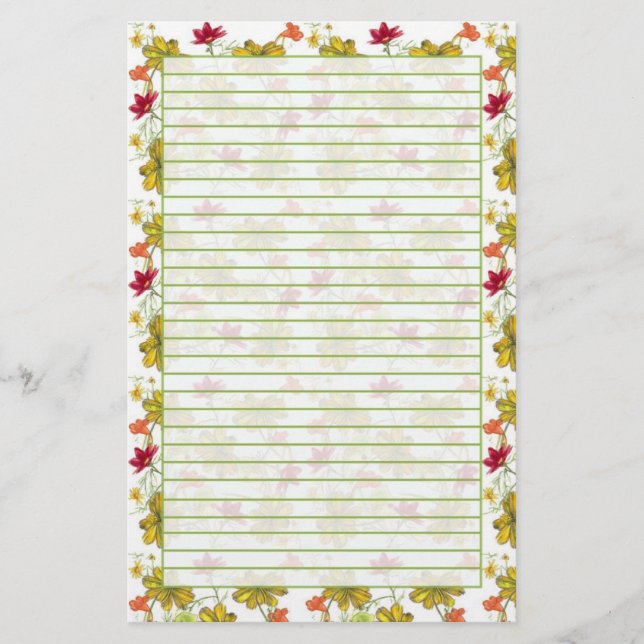 Yellow Red Watercolor Wildflowers Green Lined Stationery (Front)