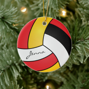 Yellow, Red, White & Black Personalise Volleyball Ceramic Tree Decoration