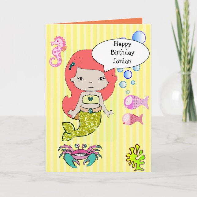 Yellow Redhead Mermaid Happy Birthday Card (Front)