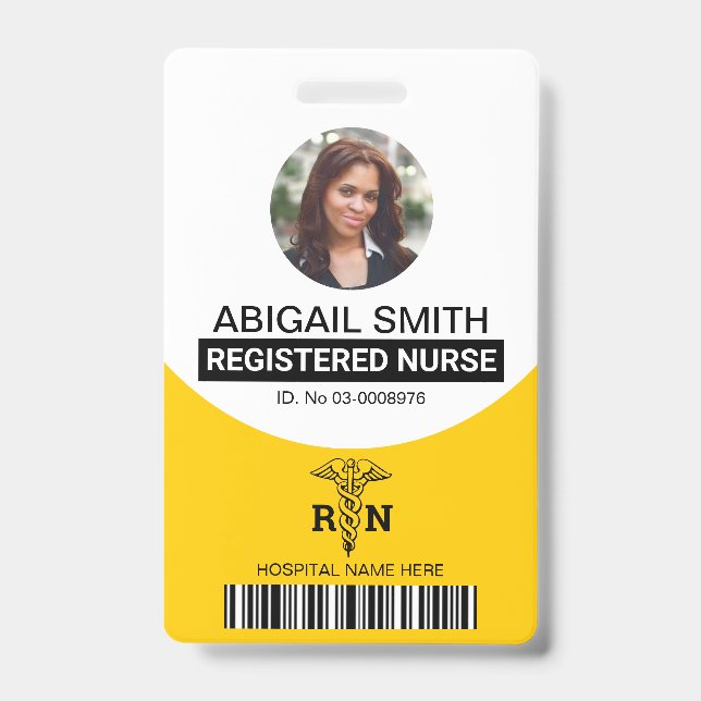 Yellow Registered nurse caduceus photo template ID Badge (Front)