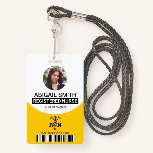 Yellow Registered nurse caduceus photo template ID Badge (Front with Lanyard)