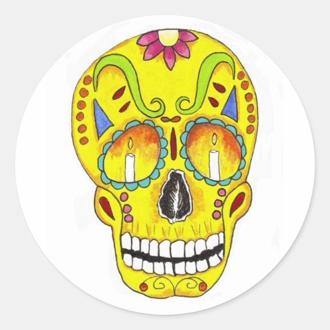 Yellow Remembrance Sugar Skull Classic Round Sticker (Front)