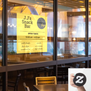 YELLOW RETAIL FOOD SHOP CAFE SNACK BAR HOURS LOGO WINDOW CLING