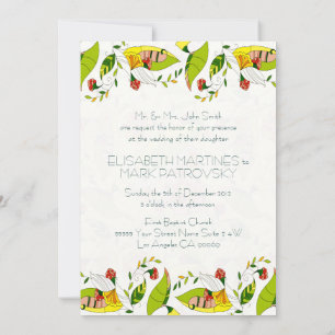 Yellow Retro Abstract Floral Collage-Wedding Invit Invitation