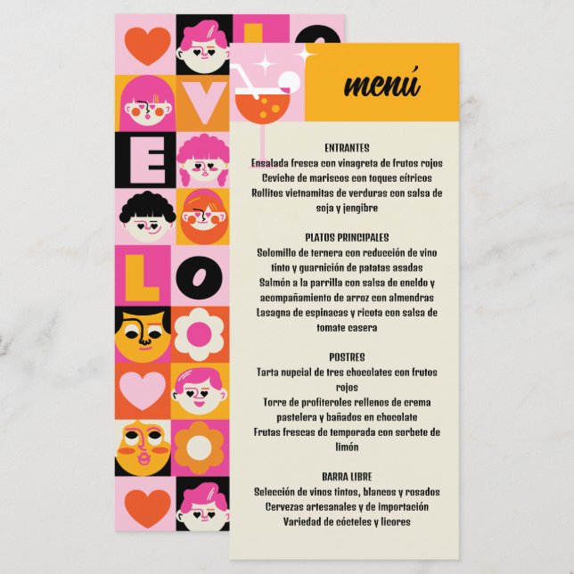 Yellow Retro and Pink Geometric Printing Wedding Menu (Front/Back)