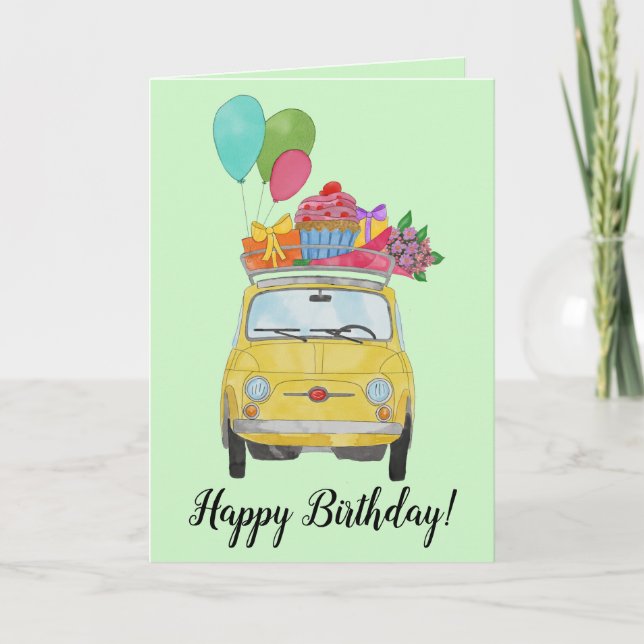Yellow Retro Fiat 500 Birthday Card (Front)