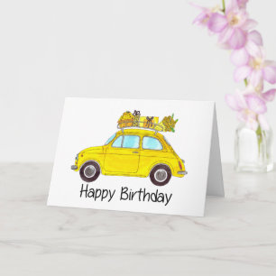 Yellow Retro Fiat 500 Birthday Card