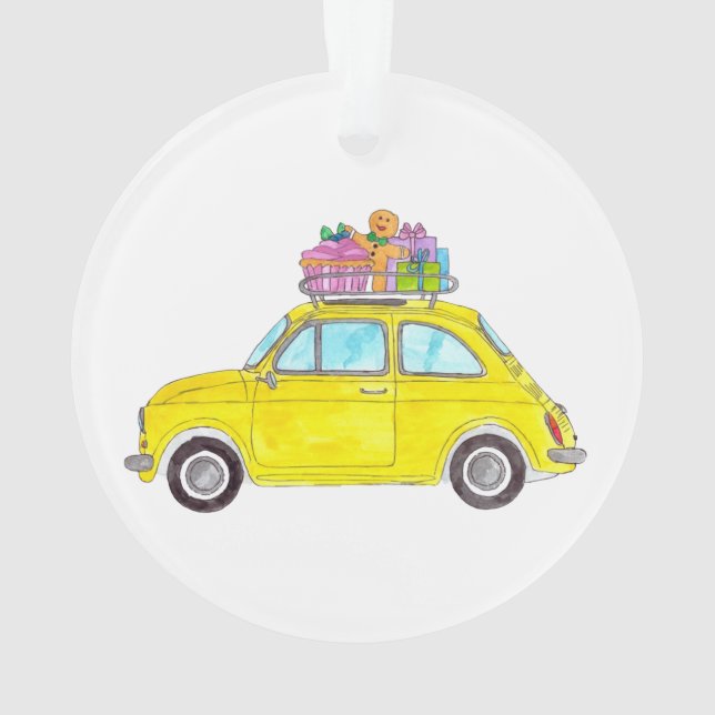 Yellow Retro Fiat 500 Christmas Gifts Watercolor Ornament (Back)