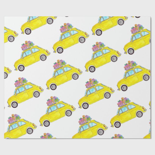 Yellow Retro Fiat 500 Christmas Gifts Watercolor Wrapping Paper (Flat)