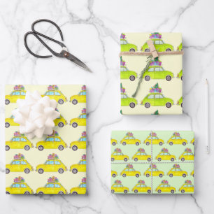 Yellow Retro Fiat 500 Christmas Gifts Watercolor Wrapping Paper Sheet