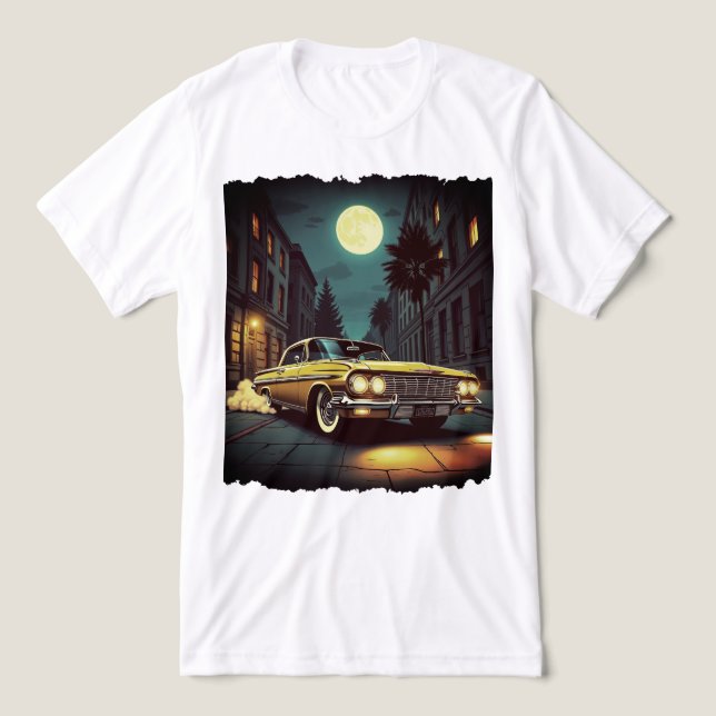Yellow Retro Lowrider Under Full Moon Street Scene Tri-Blend Shirt (Design Front)