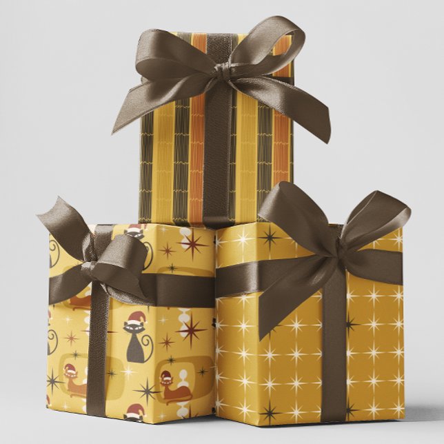 Yellow Retro Mid Century Modern Cat Christmas   Wrapping Paper Sheet (Creator Uploaded)